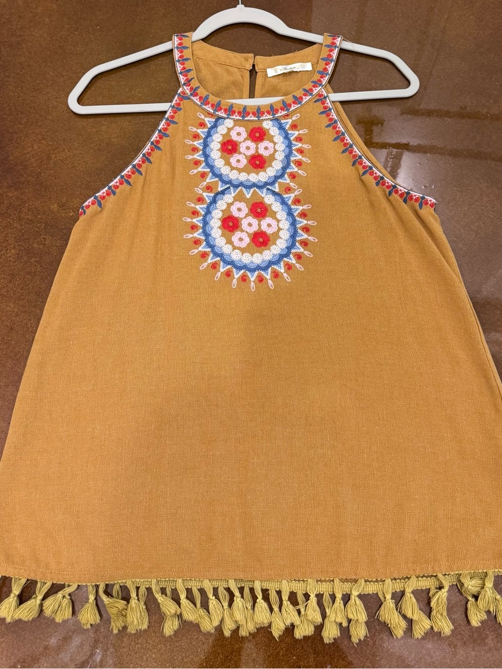 Embroidered Mustard Halter Top with Tassel Hem